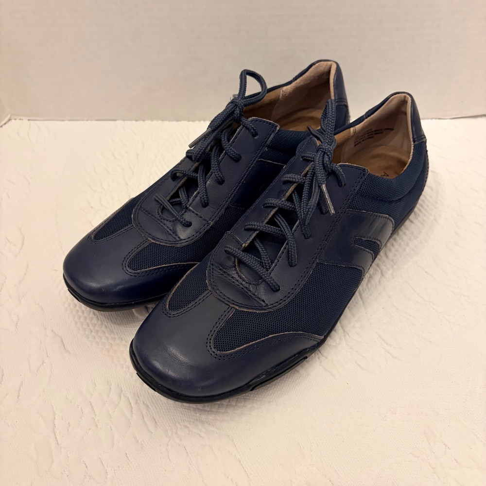 Array Navy Blue Low Profile Leather Mesh Walking Shoes Womens 10N Narrow Lace Up